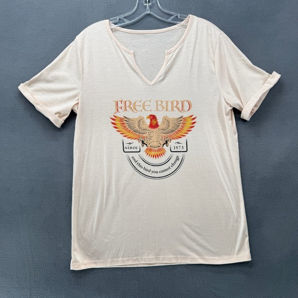 Unbranded Tops - Free Bird Eagle T-Shirt Cream Split V-Neck Cuffed Sleeve Size Large